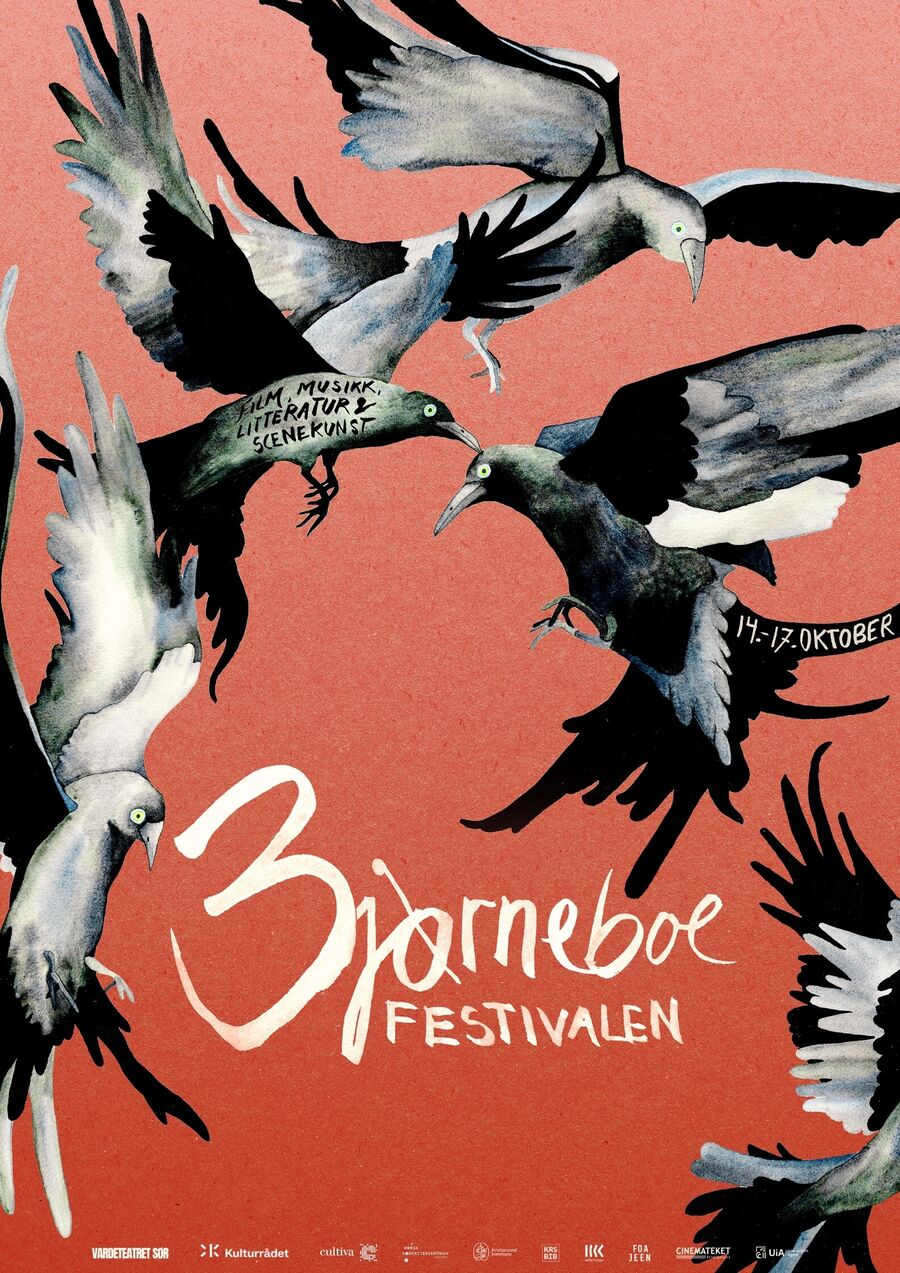 Bjørneboefestivalen finner sted 14.-17. oktober. (Ill.: Mathea Rognerud) Plakat for Bjørneboefestivalen som viser noen måker, skjærer og kråker som slåss i luften