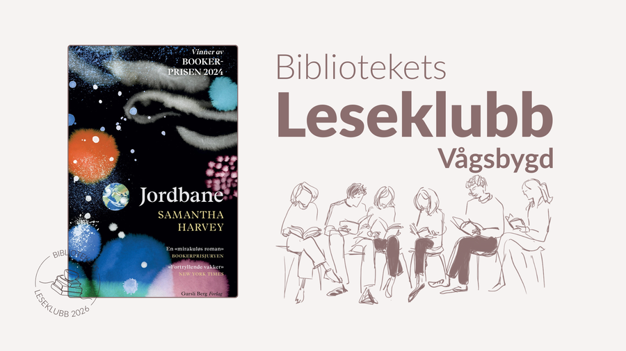 Bibliotekets leseklubb i Vågsbygd leser Jordbane. Plakat med informasjon om arrangementet. Bibliotekets leseklubb - Vågsbygd.