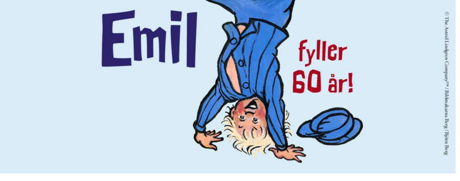 Emil som står på hodet mot blå bakgrunn og teksten "Emil fyller 60 år"