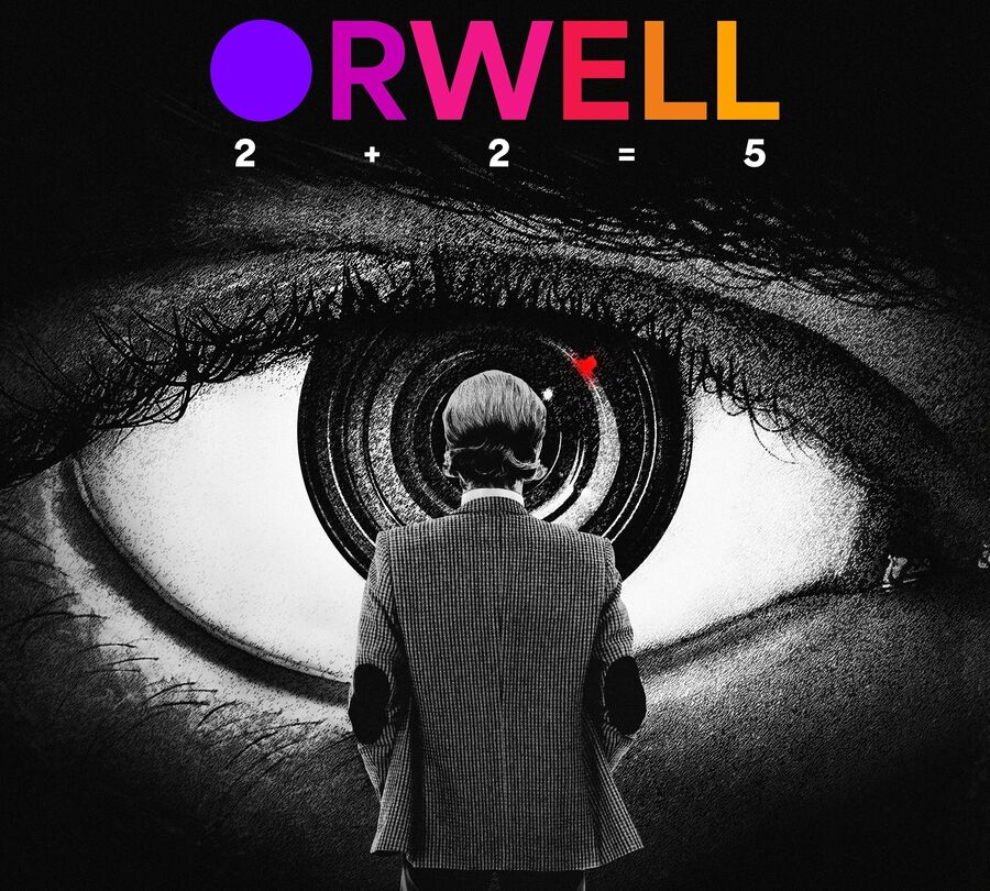 Cinemateket viser dokumentaren "Orwell: 2+2=5" fra 2025. (Faksimile: IMDB) Plakat til filmdokumentar om forfatteren George Orwell, som viser et stort øye som stirrer på en liten mann
