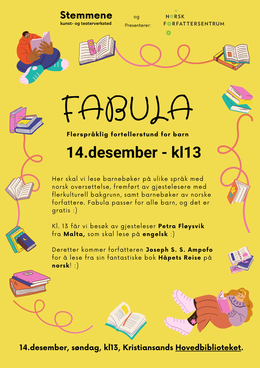 Ill.: Stemmene kunst- og teaterverksted Fabula - flerspråklig fortellerstund for barn 14. desember, klokken 13 på biblioteket.